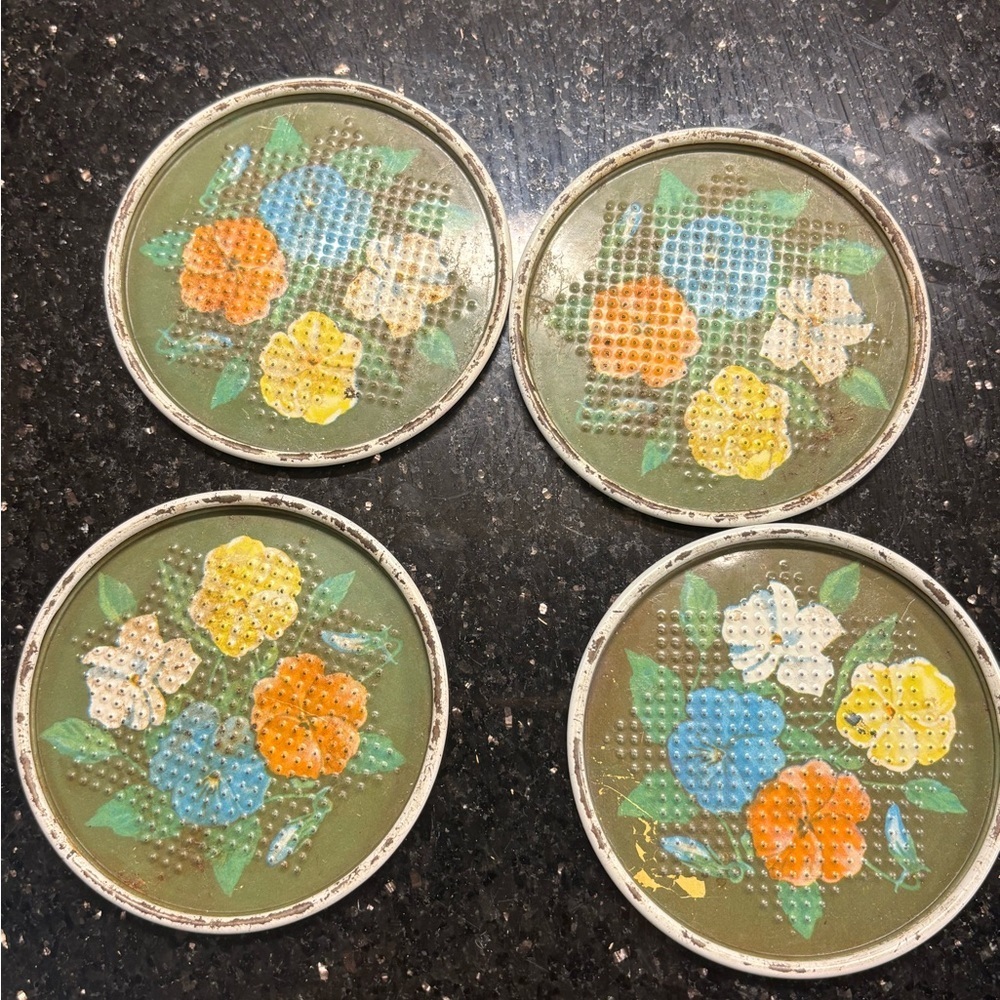 4 vintage metal floral textured coasters circle round